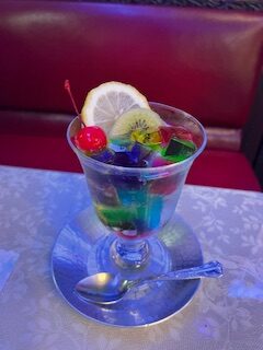 Jelly fruit punch tall glass filled with colourful jelly cubes at Kissaten Soirée