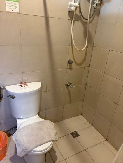 白いタイル張りのシャワー室とトイレの様子