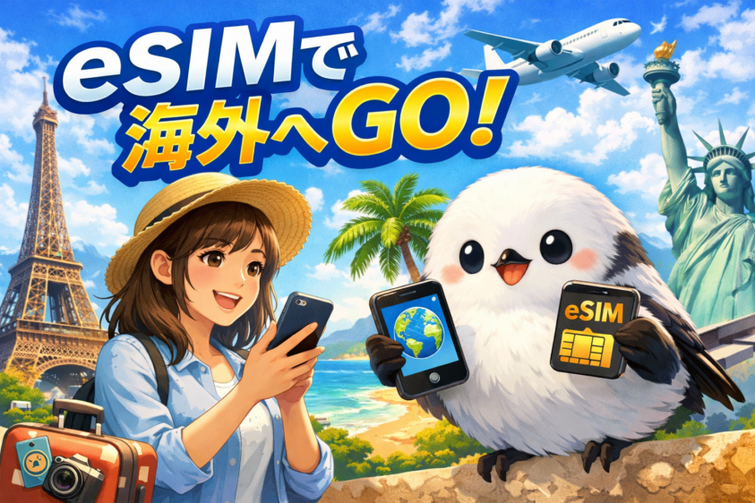 スマホを持つ女性とesimsanのキャラクターが飛行機を背景に楽しげにポーズをとるイラスト。