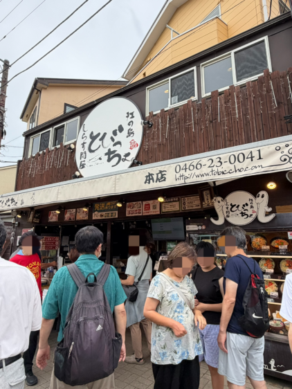 「しらす問屋 とびっちょ 本店」の大きな看板と白い日よけ幕の前に、順番待ちや受付をする多くの人々が集まっている様子。
