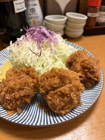 縞模様の皿に盛られた、こんがりと揚がった3つのヒレカツと、たっぷりの千切りキャベツ（一部紫キャベツ入り）のアップ。背景には調味料のボトルや湯呑みが並ぶ。